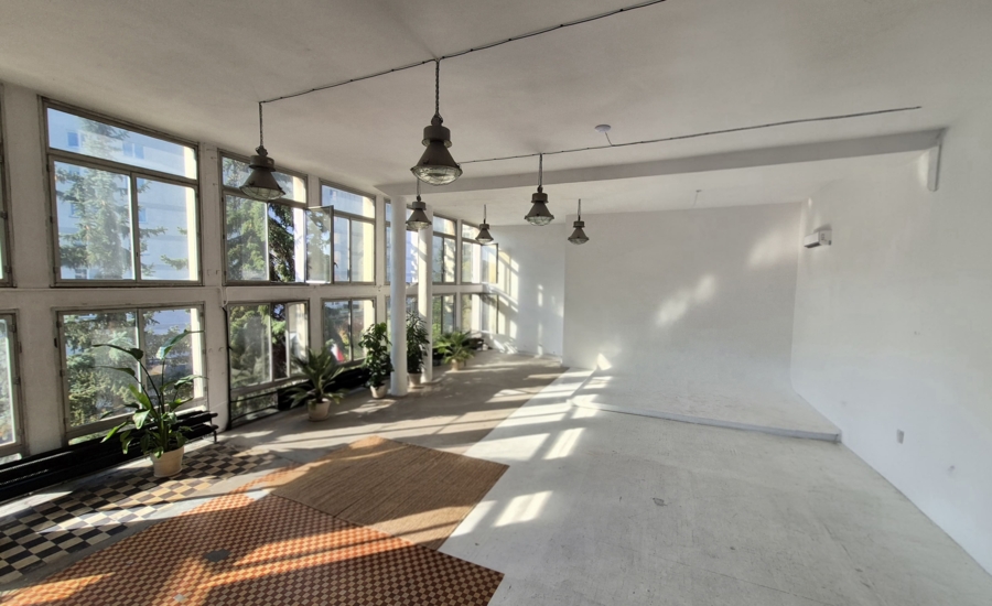 Jasne studio fotograficzne z białą cykloramą w głębi. Po lewej stronie ciągnie się ściana z dużymi przeszkleniami, przez które wpada naturalne światło słoneczne, tworząc wyraziste cienie na podłodze. Wzdłuż okien ustawiono zielone rośliny doniczkowe. Podłoga jest podzielona – przy oknach pokryta brązową, drobno wzorzystą mozaiką, a w części ze ścianką fotograficzną jest biała. Z sufitu zwisają industrialne lampy na przewodach.