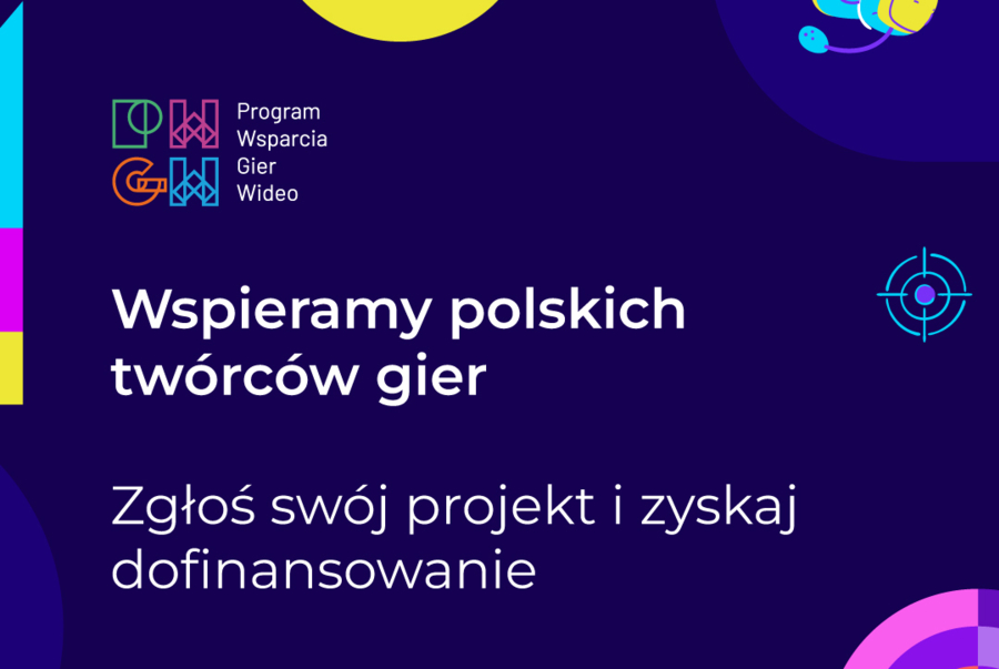 Grafika promocyjna Programu Wsparcia Gier Wideo na granatowym tle z napisami „Wspieramy polskich twórców gier” oraz „Zgłoś swój projekt i zyskaj dofinansowanie”, ozdobiona ilustracją słuchawek i celownika oraz logotypami patronów na dole.
