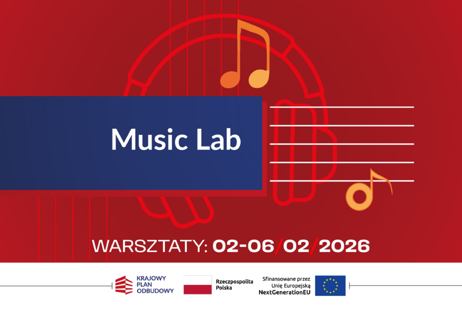 Promotional graphics for the Music Lab workshops scheduled for February 2-6, 2026. A red background with a motif of headphones and musical notes. A strip at the bottom features the logos of the National Recovery Plan, the Republic of Poland, and the European Union (NextGenerationEU).