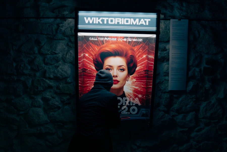 Plakat w stylu totalitarno-propagandowym, przedstawiający kobietę. Jest na nim napis "Wiktoriomat" i "Call Now" z numerem telefonu. Plakat powieszono na czarnej ścianie.