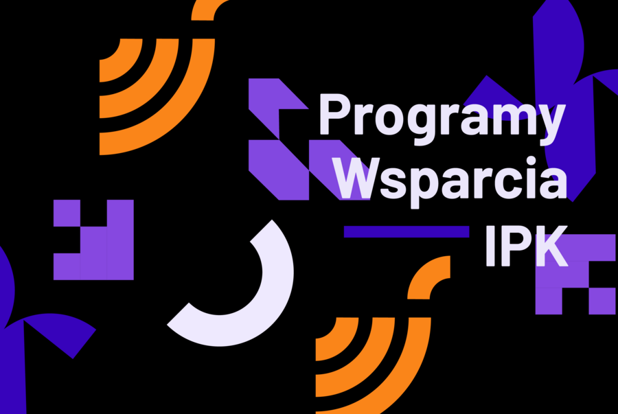 Abstrakcyjna biało-fioletowo-czarna grafika z napisem Programy Wsparcia IPK