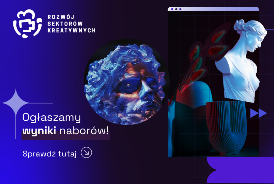 Granatowo-czarna grafika z antycznymi statuami, wazonem w kształcie kaktusa bez kolców i napisem Ogłaszamy wyniki naborów, a także logiem programu RSK, przypominającym kamerę.