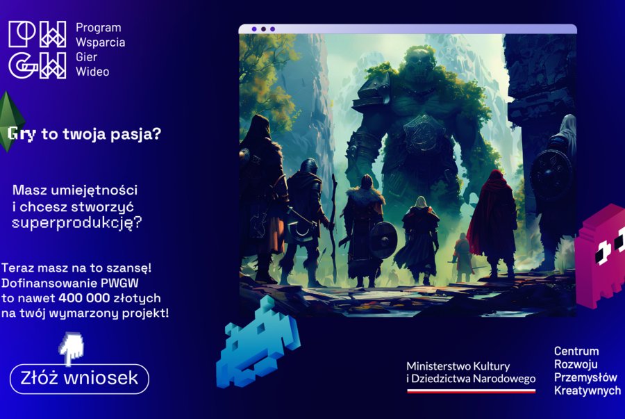 Grafika promocyjna Programu Wsparcia Gier Wideo z informacją o dofinansowaniu do 400 000 zł, przyciskiem „Złóż wniosek” oraz grafiką przedstawiającą kadr z gry fantasy z giganteusowym stworem.