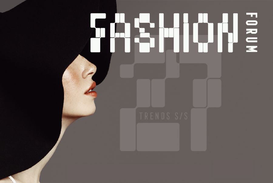 Kobieta w szerokim czarnym kapeluszu na szarym tle z napisem Fashion Forym trends S/S 27