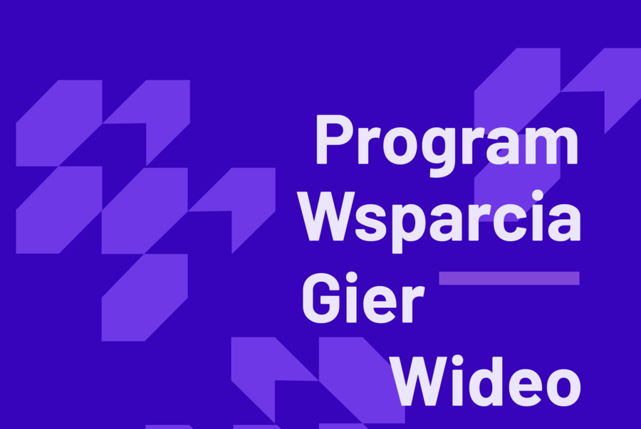 Infografika z dużym napisem „Program Wsparcia Gier Wideo” na granatowym tle z geometrycznymi fioletowymi wzorami. W lewym górnym rogu znajduje się logo „Instytut Przemysłów Kreatywnych”, a w prawym dolnym rogu logo „Ministerstwo Kultury i Dziedzictwa Narodowego”.