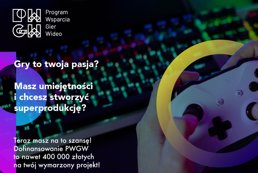 Grafika promocyjna Programu Wsparcia Gier Wideo przedstawiająca dłonie trzymające biały kontroler na tle podświetlanej klawiatury, z informacją o dofinansowaniu do 400 000 zł na autorski projekt.