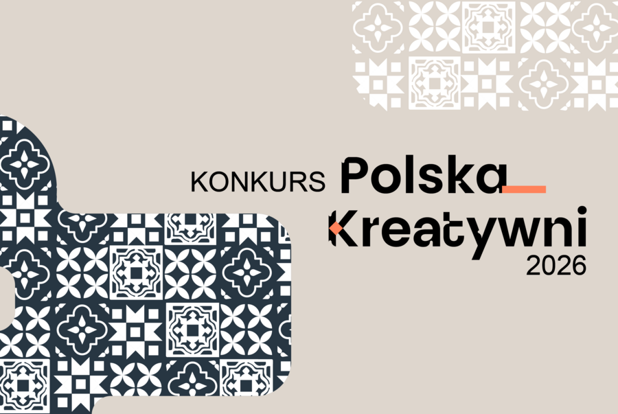 Grafika promocyjna z napisem „KONKURS Polska Kreatywni 2026” na beżowym tle, ozdobiona geometrycznymi wzorami przypominającymi tradycyjną mozaikę i ludowe ornamenty.