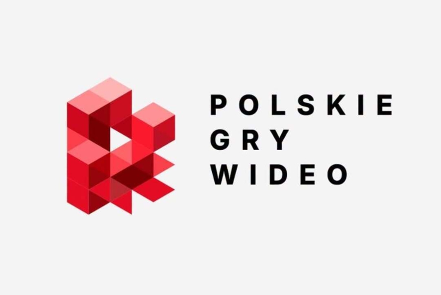 Logo Polskich Gier Wideo na jasnym tle. Po lewej stronie znajduje się czerwona, geometryczna struktura z trójwymiarowych modułów, a po prawej czarny napis POLSKIE GRY WIDEO.