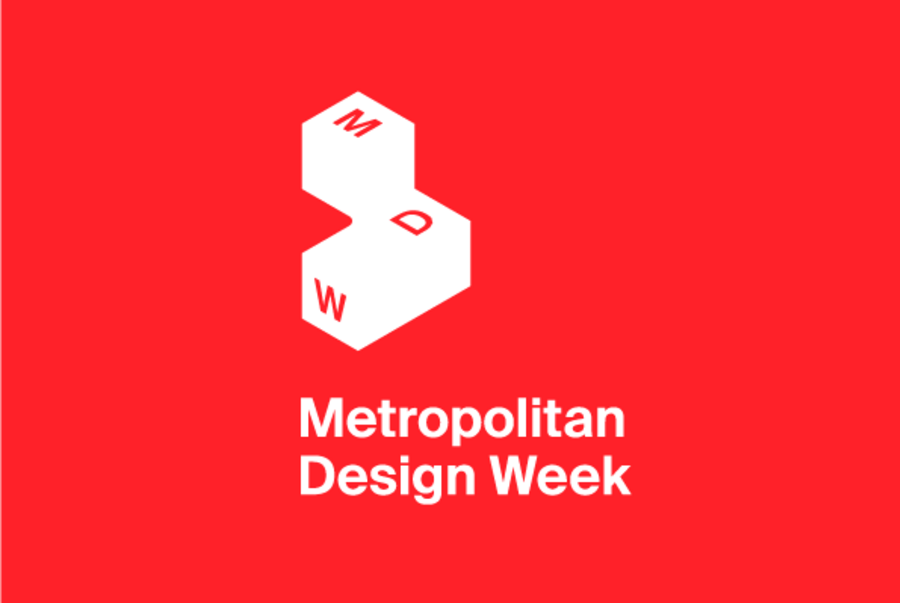 Logo Metropolitan Design Week na czerwonym tle z białymi kostkami 3D i literami M, D, W.