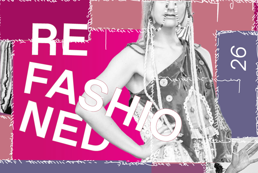 A collage-style graphic featuring a black-and-white photograph of a woman in a stylized, artistic outfit complete with buttons, braided details, and hair ornaments. On the left, there is large white text reading "REFASHIONED" set against a pink background, while a purple element displaying the number 26 appears on the right.