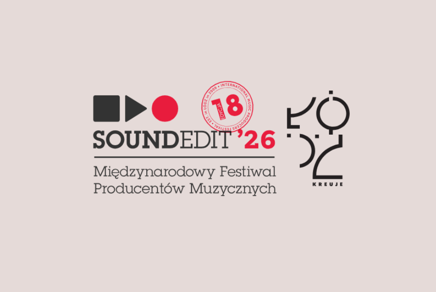 Oficjalne logo Soundedit '26 – 18. edycja Międzynarodowego Festiwalu Producentów Muzycznych z logo „Łódź Kreuje”.