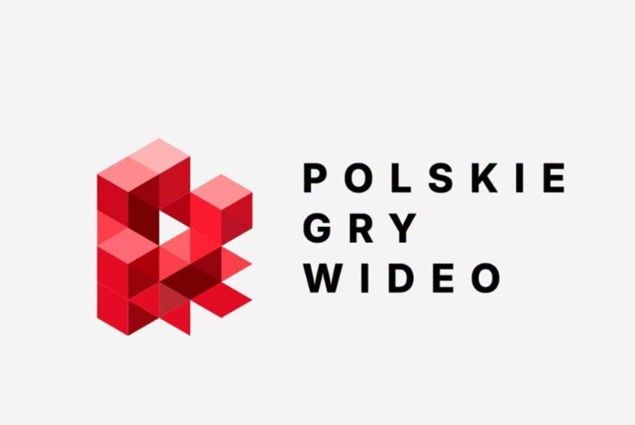Logo Polskie Gry Wideo z geometrycznym, czerwonym sygnetem w stylu pikselowym/izometrycznym oraz czarnym napisem „POLSKIE GRY WIDEO”