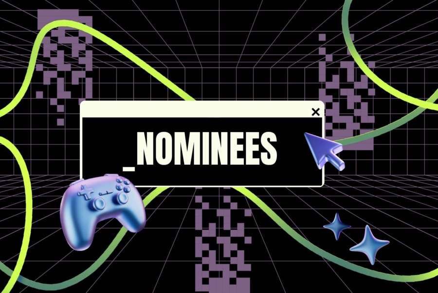 Ilustracja z napisem „NOMINEES” w okienku systemowym, przedstawiająca niebieski kontroler do gier, kursor myszy, pikselowe wzory oraz neonowe linie na tle czarno-fioletowej siatki 3D.