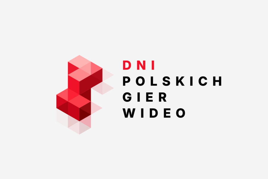 Logo wydarzenia „Dni Polskich Gier Wideo” z czerwoną, geometryczną figurą z sześcianów na jasnym tle.
