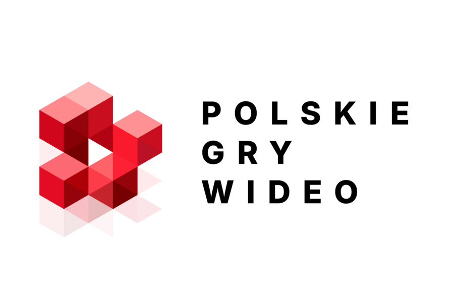 Logo Polskich Gier Wideo z napisem na jasnym tle. Po lewej stronie znajduje się czerwona, geometryczna struktura z trójwymiarowych modułów, a po prawej czarny napis POLSKIE GRY WIDEO.